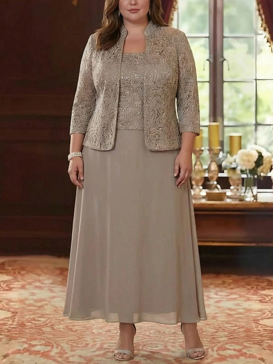 Ensemble 2 pièces mère de la mariée taille plus ligne A, mousseline col carré, veste dentelle, manches 3/4, longueur cheville
