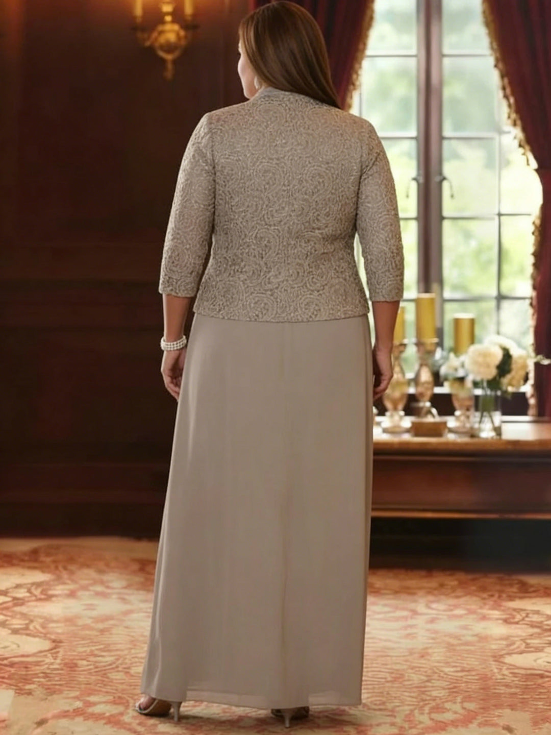 Ensemble 2 pièces mère de la mariée taille plus ligne A, mousseline col carré, veste dentelle, manches 3/4, longueur cheville