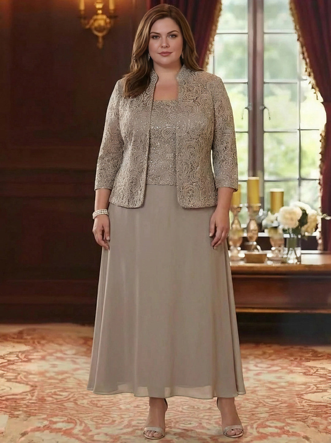 Ensemble 2 pièces mère de la mariée taille plus ligne A, mousseline col carré, veste dentelle, manches 3/4, longueur cheville