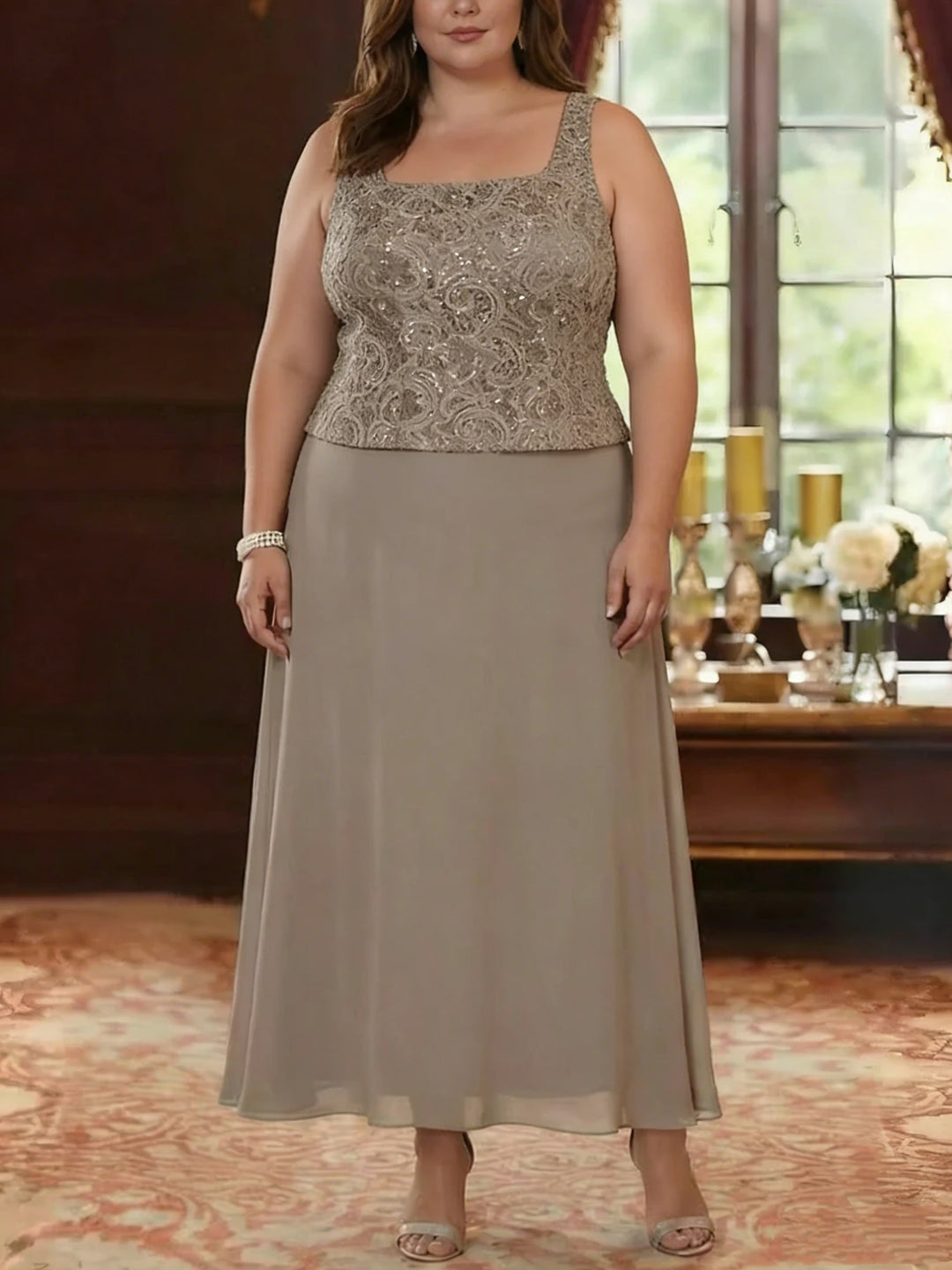Ensemble 2 pièces mère de la mariée taille plus ligne A, mousseline col carré, veste dentelle, manches 3/4, longueur cheville
