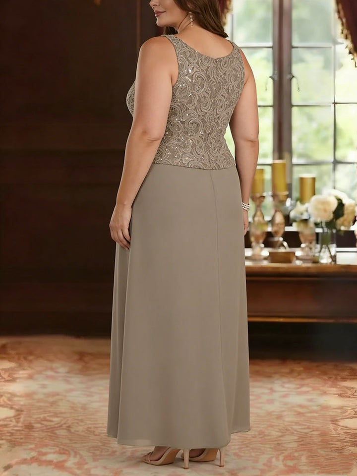 Ensemble 2 pièces mère de la mariée taille plus ligne A, mousseline col carré, veste dentelle, manches 3/4, longueur cheville