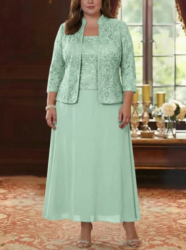 Ensemble 2 pièces mère de la mariée taille plus ligne A, mousseline col carré, veste dentelle, manches 3/4, longueur cheville
