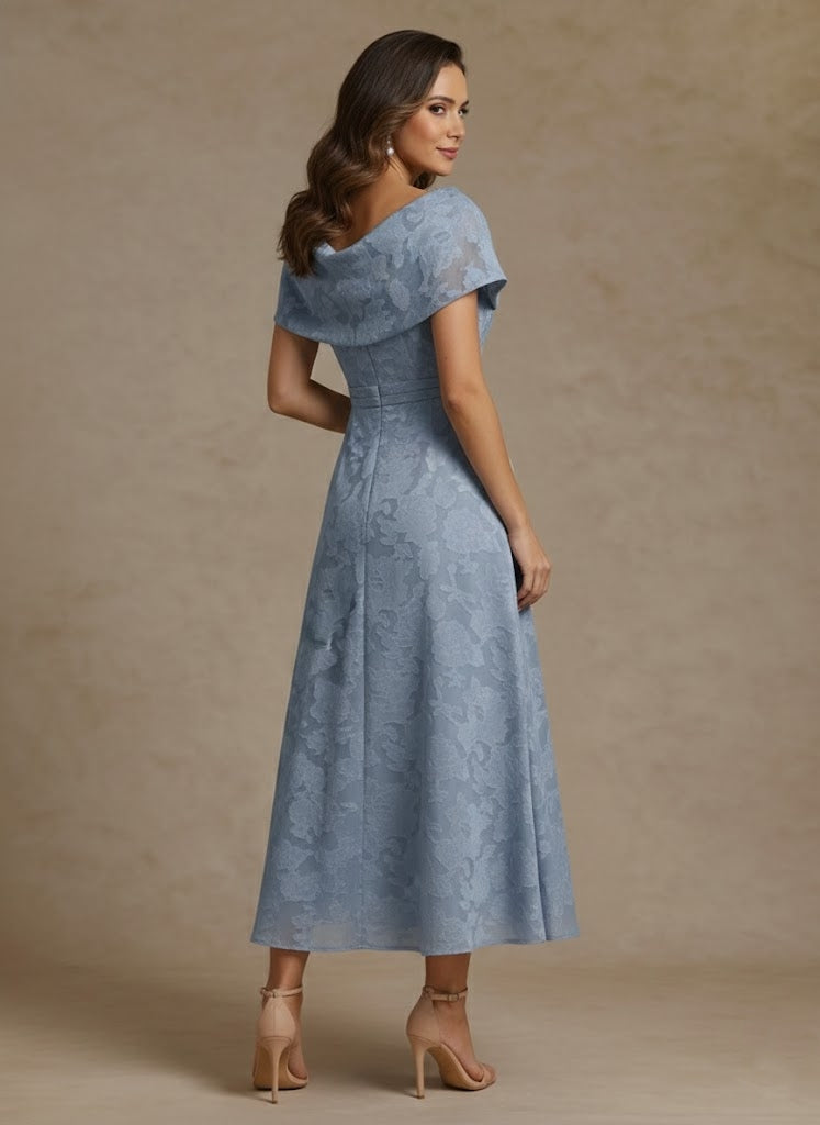 Robe mère de la mariée ligne A, mousseline manches tombantes, dentelle, manches courtes, longueur cheville