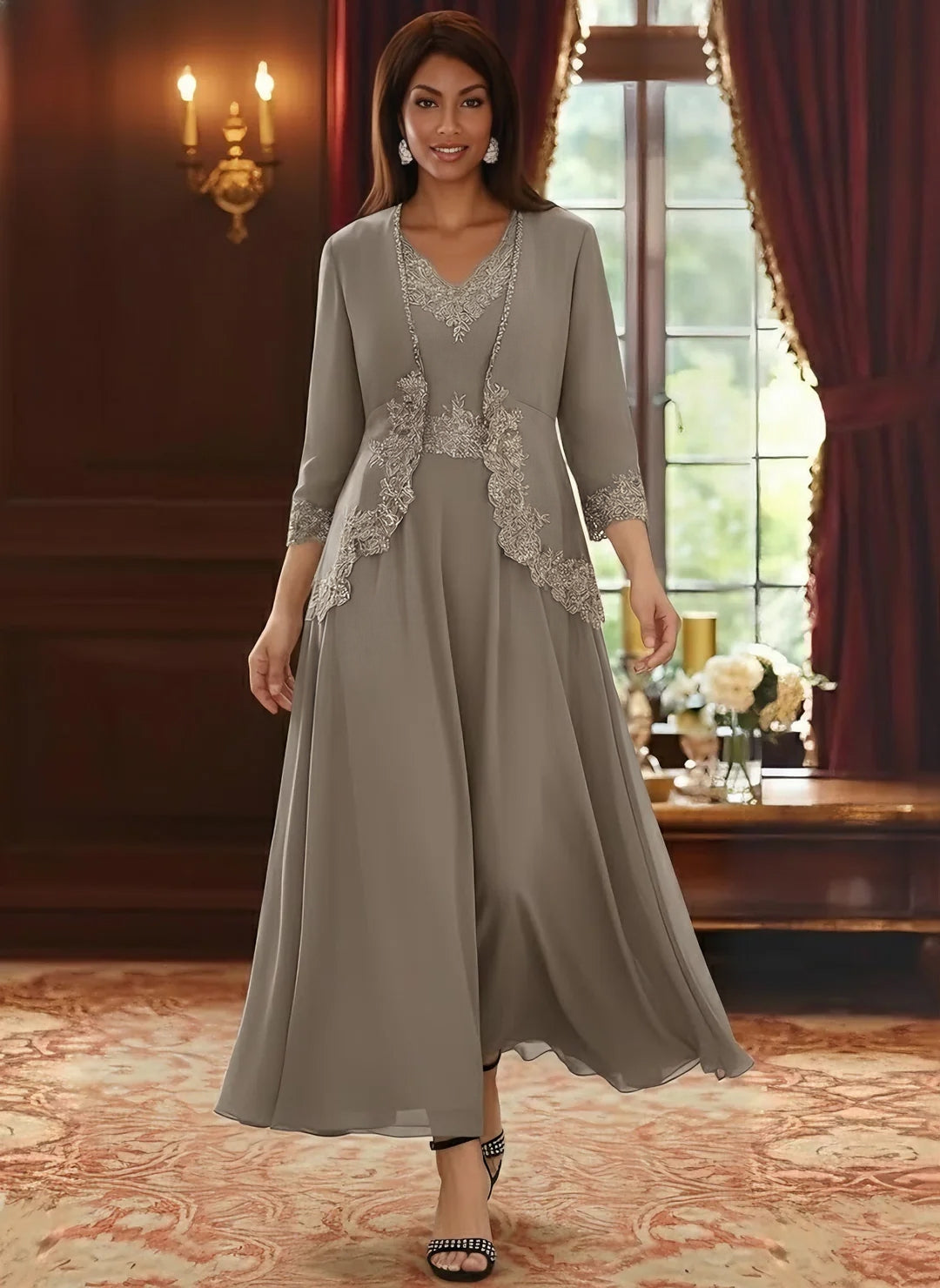 Ensemble 2 pièces mère de la mariée ligne A, mousseline col V, veste dentelle, manches 3/4, longueur cheville