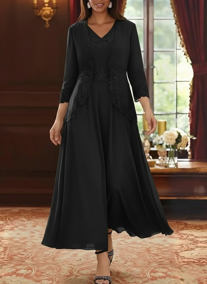 Ensemble 2 pièces mère de la mariée ligne A, mousseline col V, veste dentelle, manches 3/4, longueur cheville