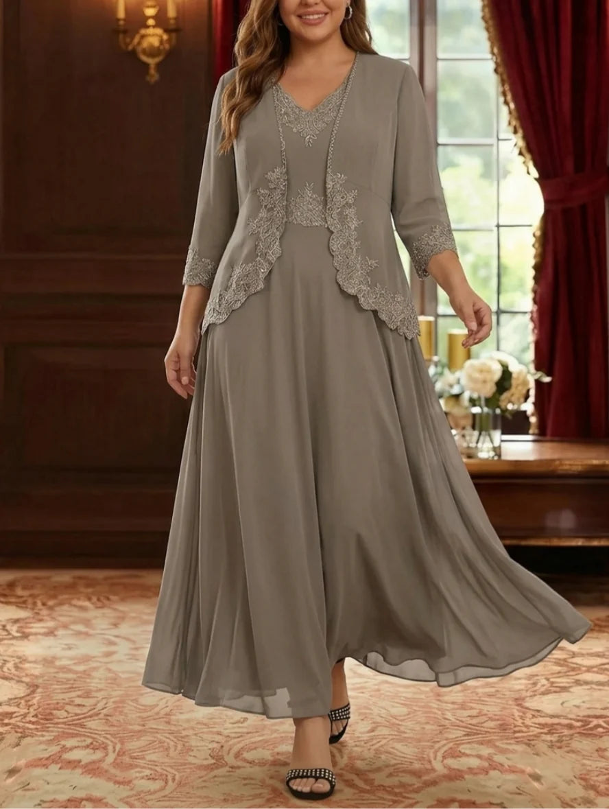 Robe Mère de la Mariée, 2 Pièces, Grande Taille, Ligne A/Princesse, Col en V, Manches 3/4, Longueur de la Cheville, Mousseline, Dentelle