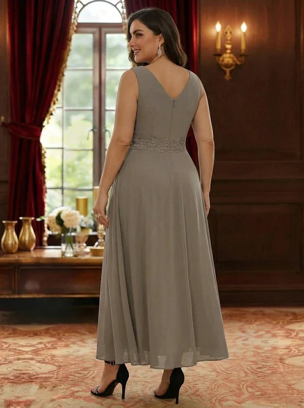 Robe Mère de la Mariée, 2 Pièces, Grande Taille, Ligne A/Princesse, Col en V, Manches 3/4, Longueur de la Cheville, Mousseline, Dentelle