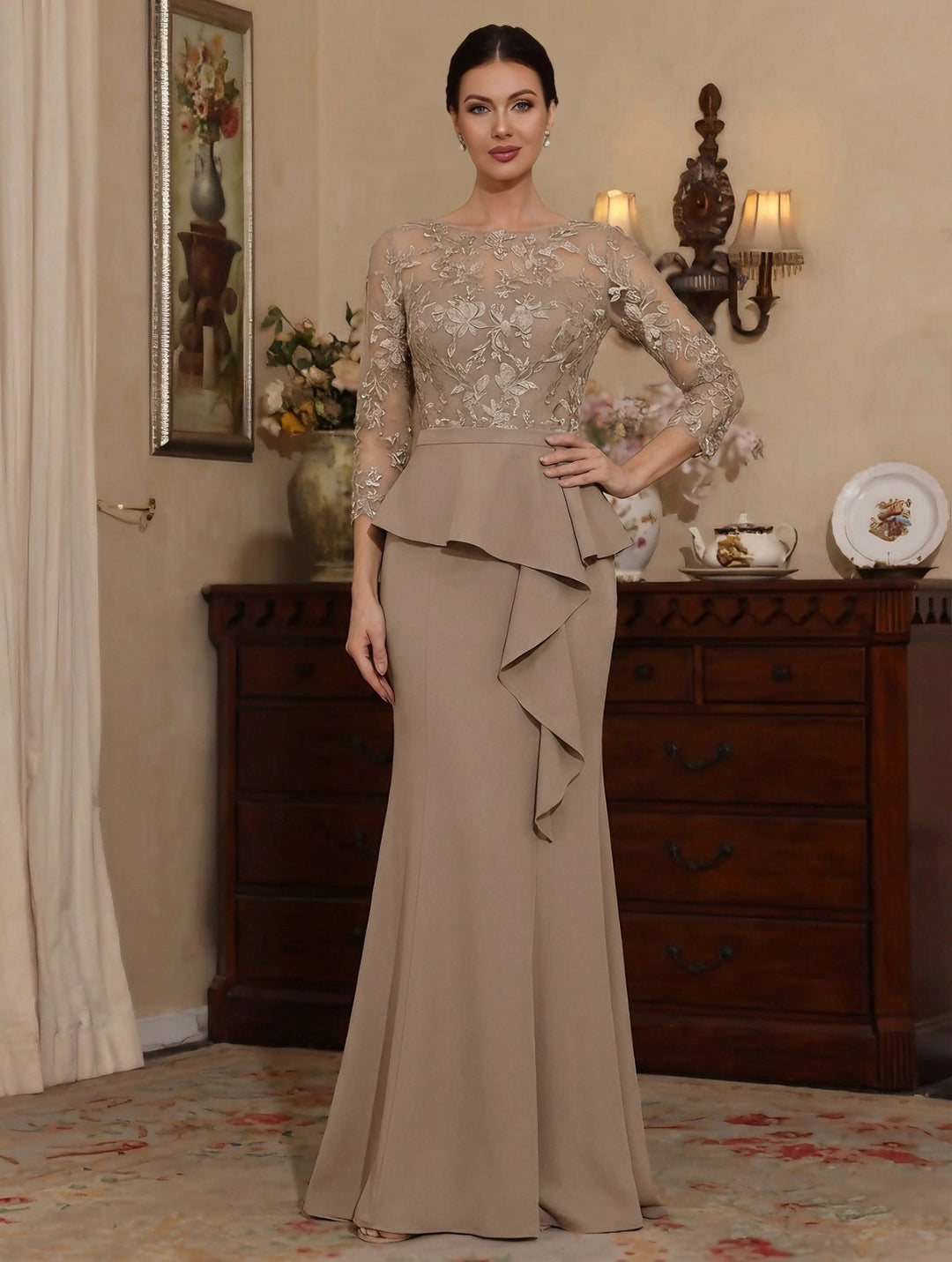 Robe mère de la mariée sirène, mousseline col rond, dentelle, manches 3/4, longueur sol, volants