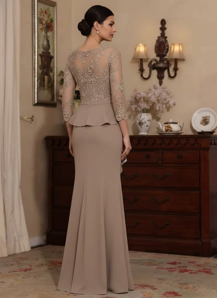 Robe mère de la mariée sirène, mousseline col rond, dentelle, manches 3/4, longueur sol, volants