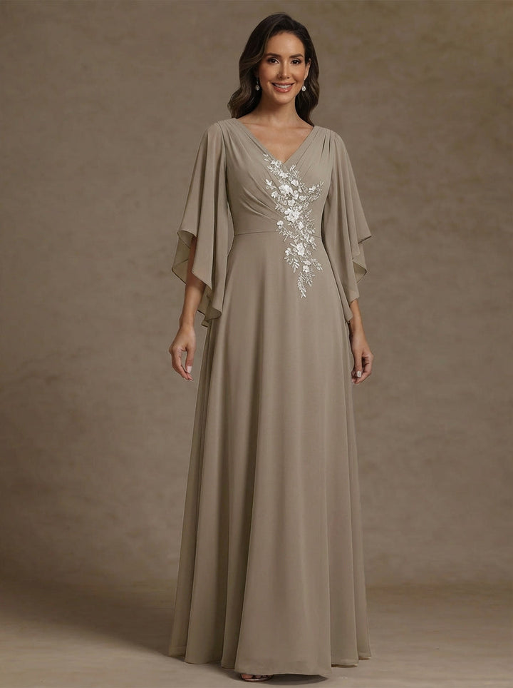 Robe mère de la mariée ligne A, mousseline col V, manches mi-longues, longueur sol, dentelle appliques