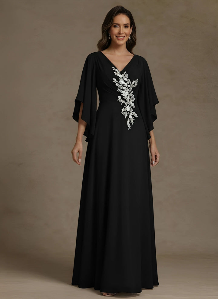Robe mère de la mariée ligne A, mousseline col V, manches mi-longues, longueur sol, dentelle appliques