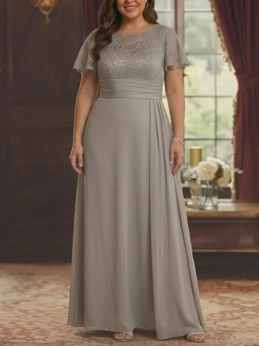 Robe Mère de la Mariée, Grande Taille, Gaine/Colonne, Col Rond, Manches Courtes, Longueur au Sol, Satin Élastique