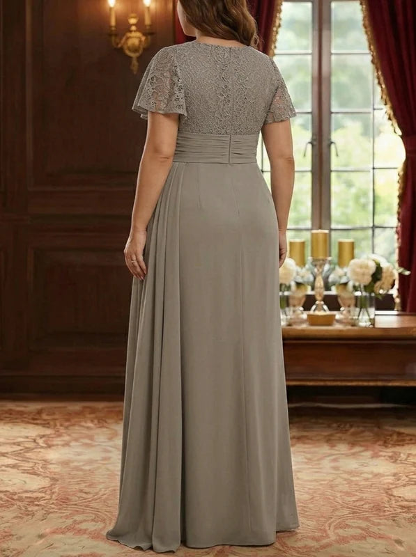 Robe Mère de la Mariée, Grande Taille, Gaine/Colonne, Col Rond, Manches Courtes, Longueur au Sol, Satin Élastique