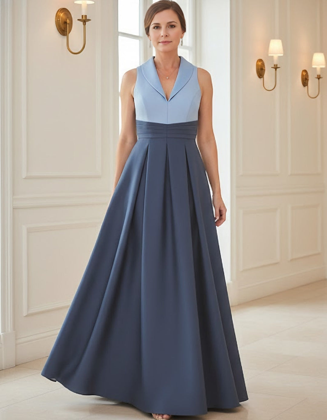 Robe mère de la mariée ligne A, satin col V, sans manches, longueur sol, plissé