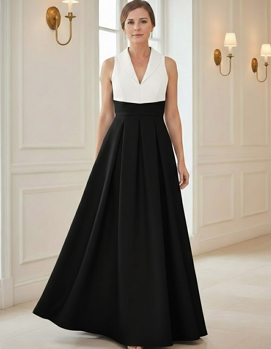 Robe mère de la mariée ligne A, satin col V, sans manches, longueur sol, plissé