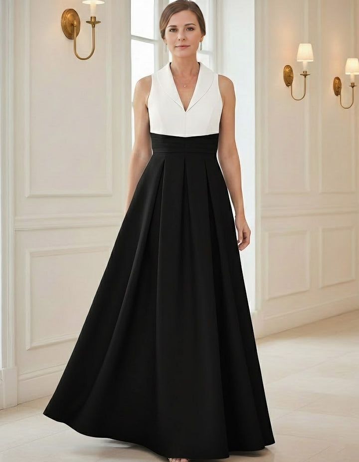 Robe mère de la mariée ligne A, satin col V, sans manches, longueur sol, plissé