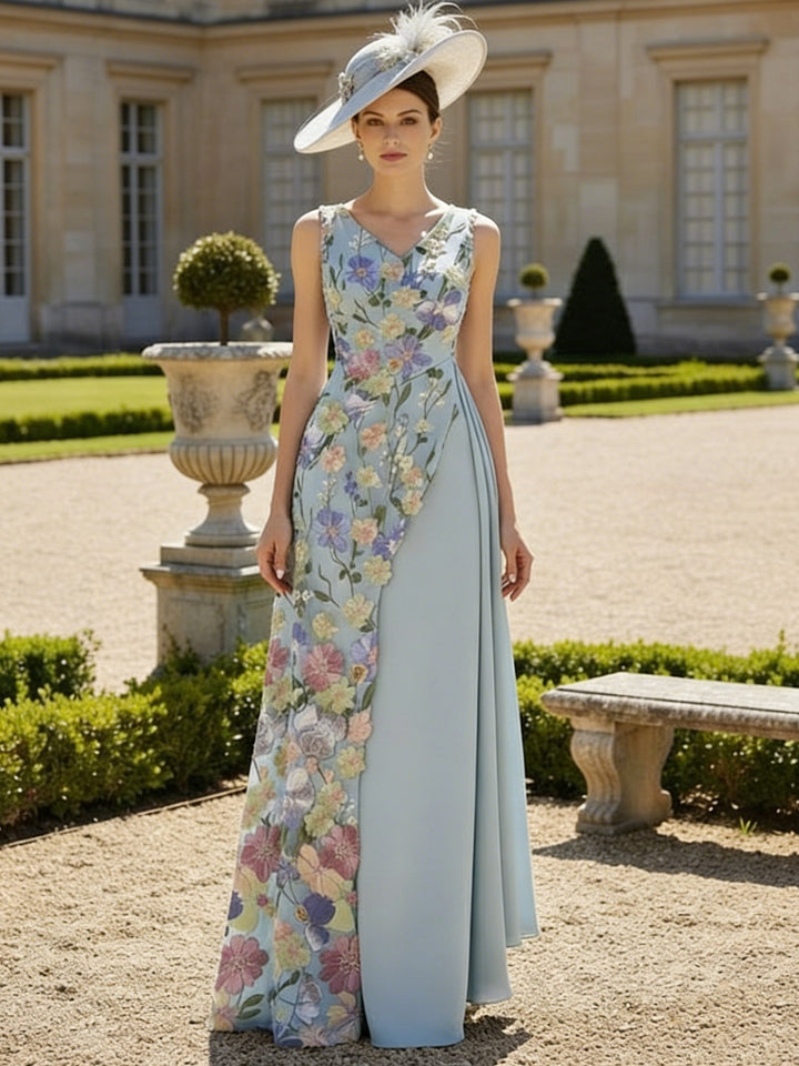 Robe mère de la mariée satin stretch ligne A, col V, sans manches, longueur sol, dentelle florale et volants