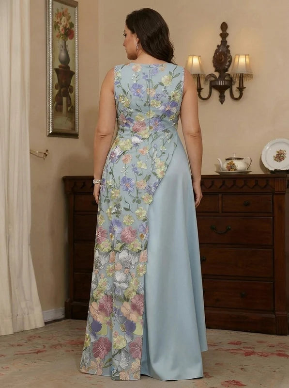 Robe Mère de la Mariée, Grande Taille, Ligne A/Princesse, Col en V, Sans Manches, Longueur au Sol, Satin Élastique, Florale à Volants