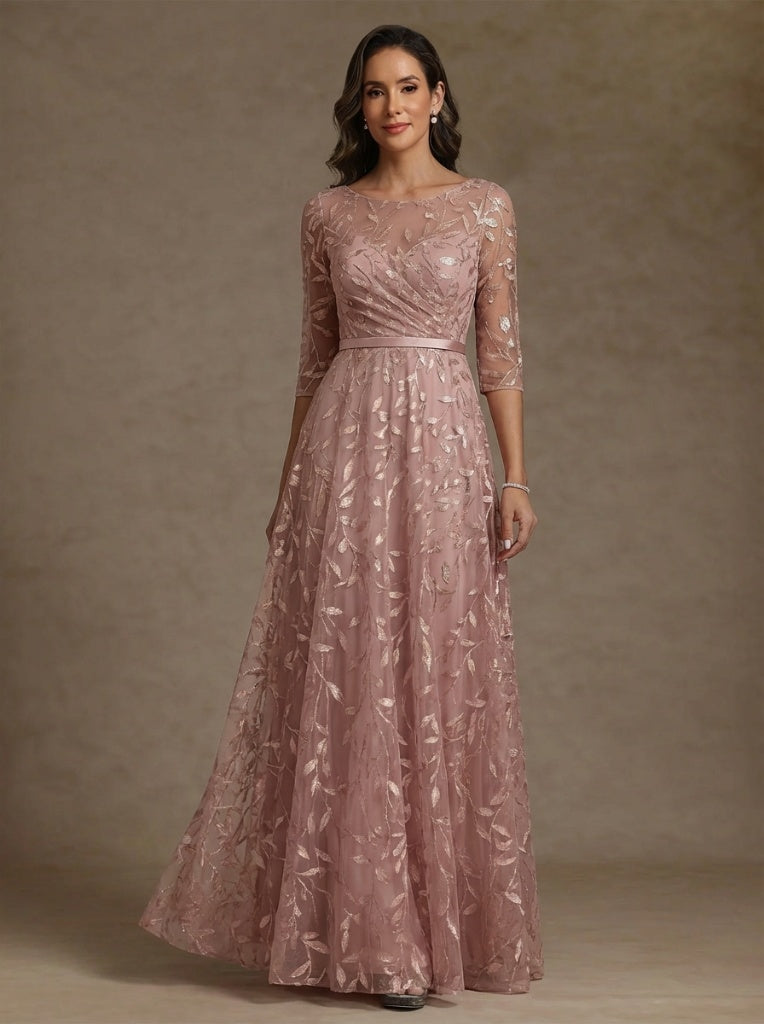 Robe mère de la mariée ligne A, dentelle col rond, manches mi-longues, longueur sol, plissé