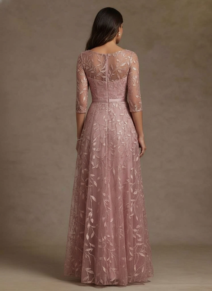 Robe mère de la mariée ligne A, dentelle col rond, manches mi-longues, longueur sol, plissé