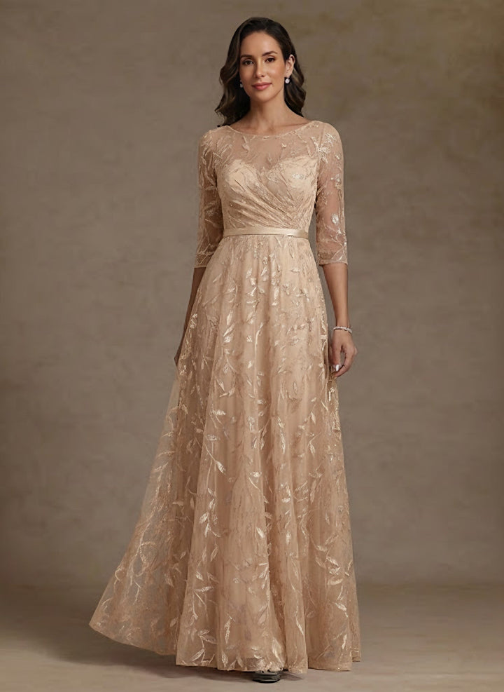 Robe mère de la mariée ligne A, dentelle col rond, manches mi-longues, longueur sol, plissé