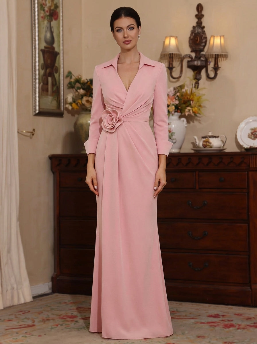Robe mère de la mariée fourreau, satin stretch col V, fleurs 3D, manches 3/4, longueur sol