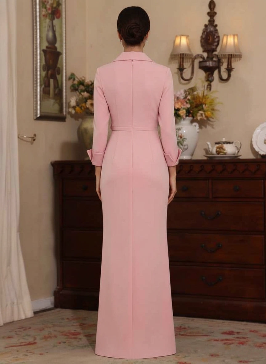 Robe mère de la mariée fourreau, satin stretch col V, fleurs 3D, manches 3/4, longueur sol