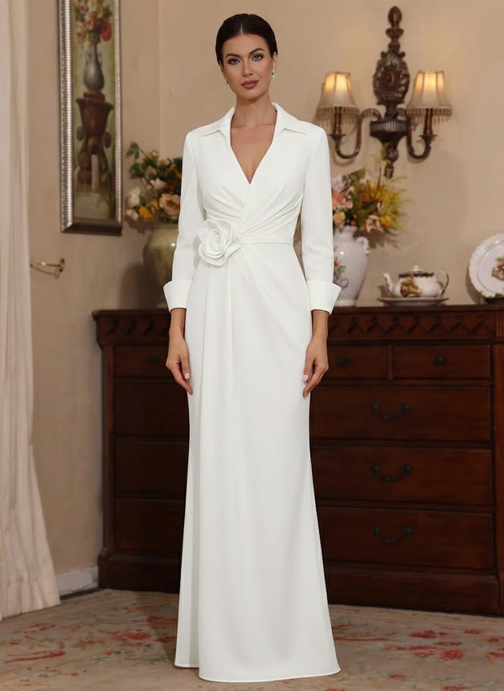 Robe mère de la mariée fourreau, satin stretch col V, fleurs 3D, manches 3/4, longueur sol