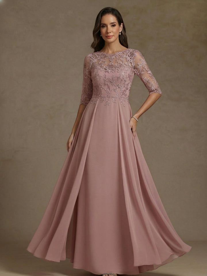 Robe mère de la mariée ligne A, mousseline col bateau, dentelle, manches mi-longues, longueur sol