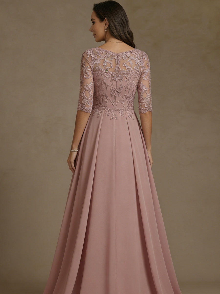 Robe mère de la mariée ligne A, mousseline col bateau, dentelle, manches mi-longues, longueur sol