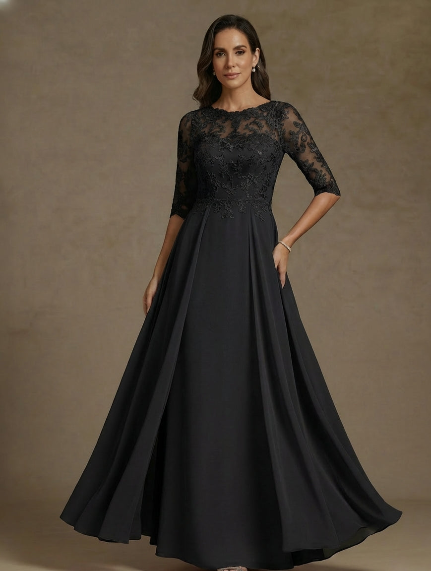 Robe mère de la mariée ligne A, mousseline col bateau, dentelle, manches mi-longues, longueur sol