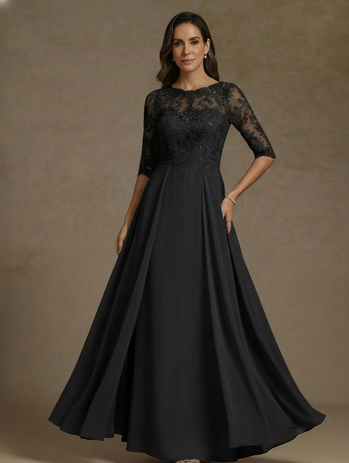 Robe mère de la mariée ligne A, mousseline col bateau, dentelle, manches mi-longues, longueur sol