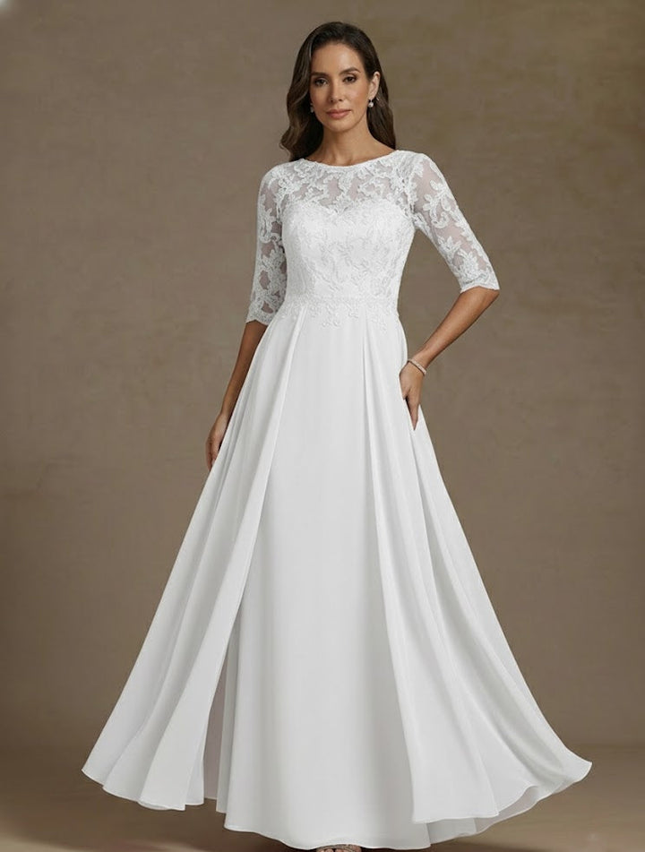 Robe mère de la mariée ligne A, mousseline col bateau, dentelle, manches mi-longues, longueur sol