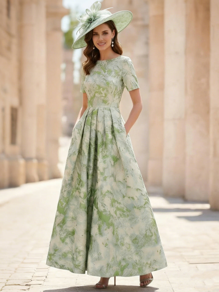 Robe mère de la mariée ligne A, jacquard col rond, manches courtes, longueur cheville, plissé