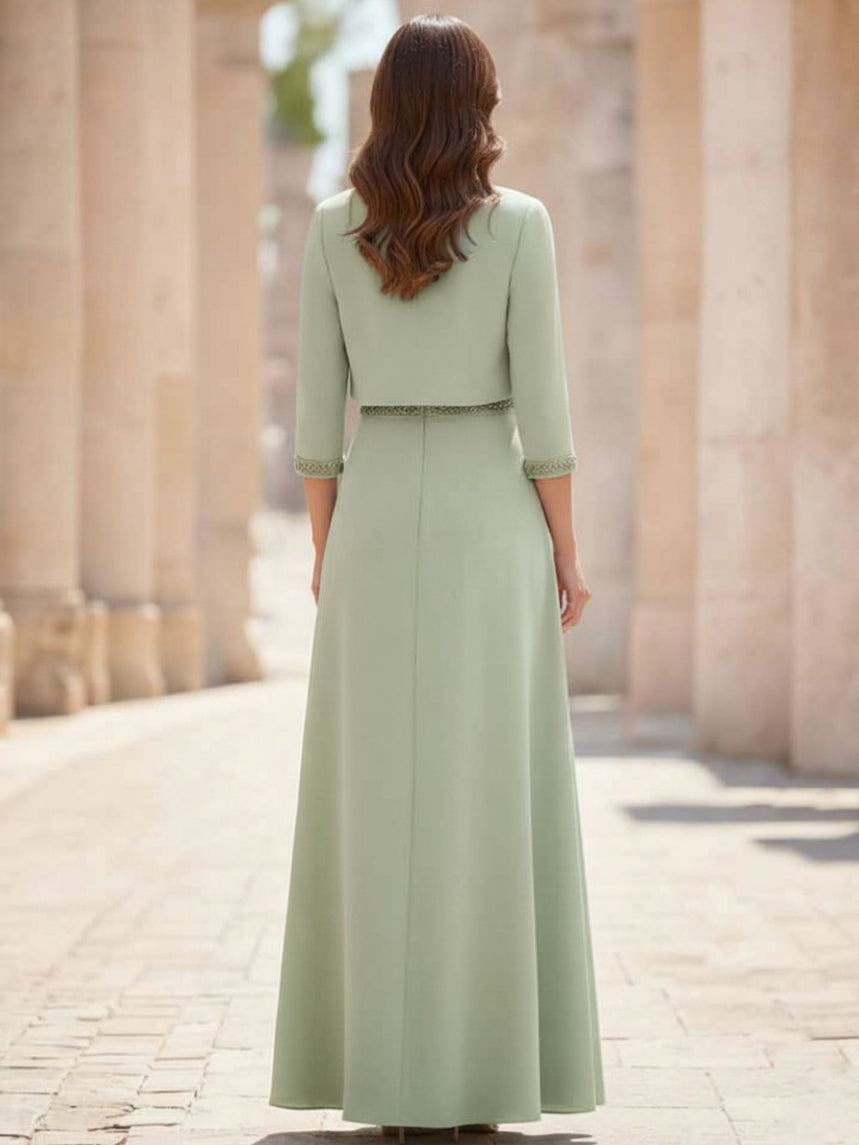 Ensemble 2 pièces mère de la mariée ligne A, satin col rond, veste, manches 3/4, longueur cheville, perles
