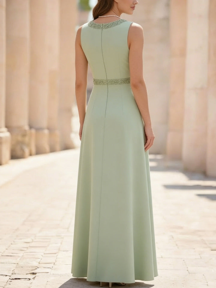 Ensemble 2 pièces mère de la mariée ligne A, satin col rond, veste, manches 3/4, longueur cheville, perles