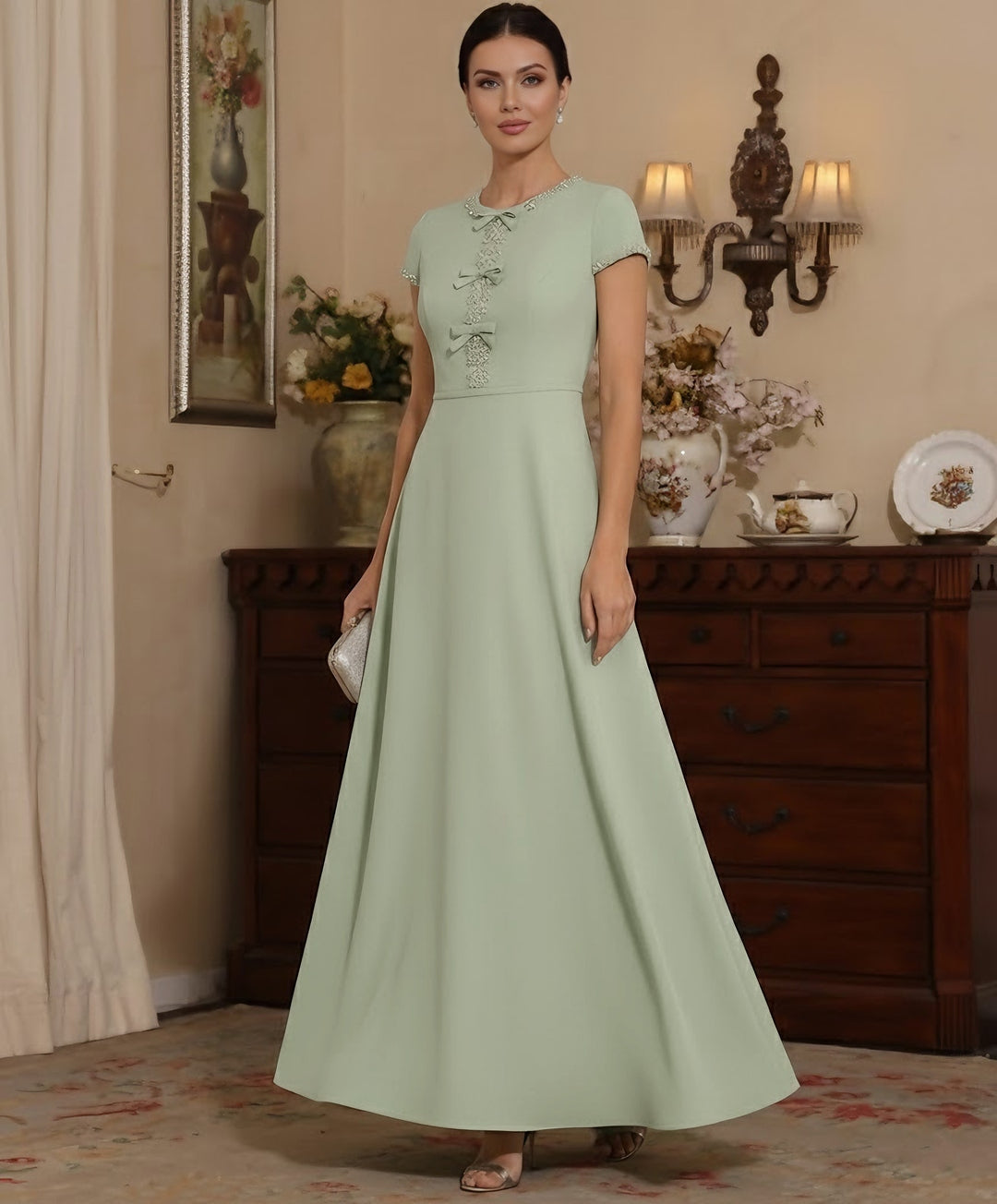 Robe mère de la mariée satin ligne A, col rond, manches courtes, longueur cheville, perles