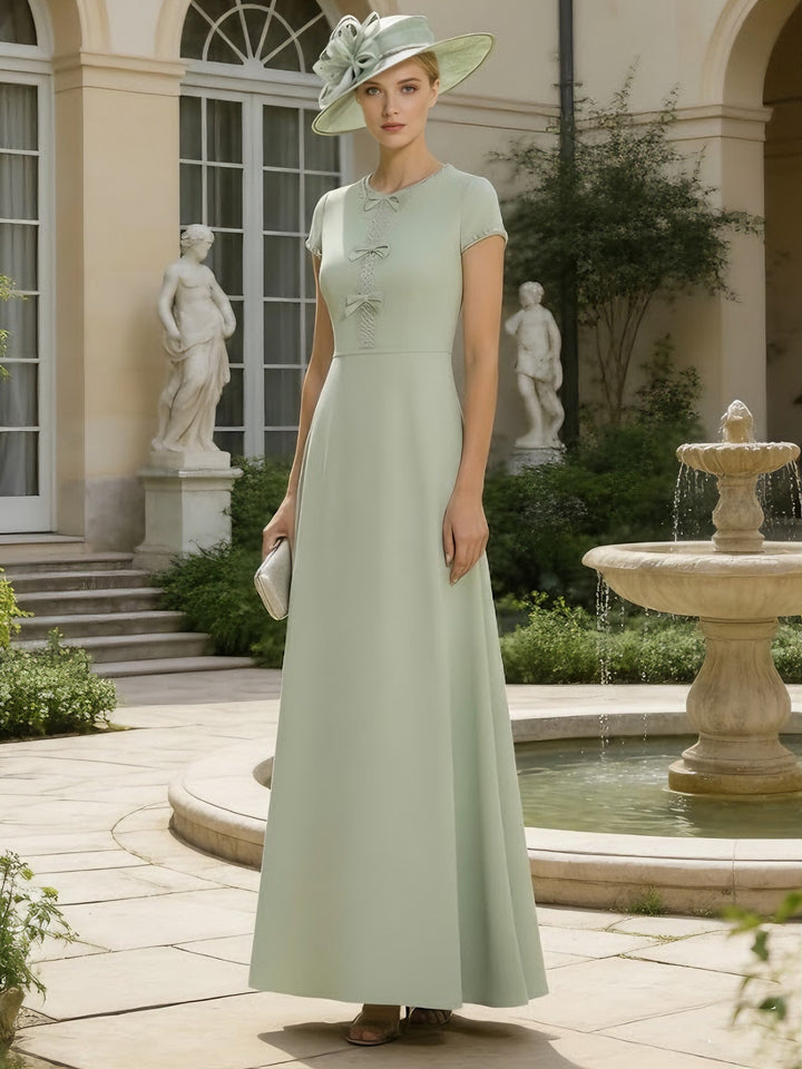 Robe mère de la mariée satin ligne A, col rond, manches courtes, longueur cheville, perles