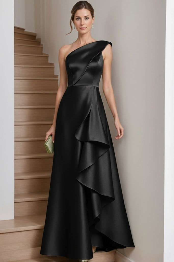 Robe mère de la mariée ligne A, satin une épaule, sans manches, longueur sol, volants