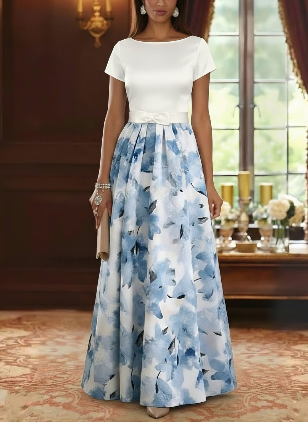 Robe mère de la mariée ligne A, satin col bateau, imprimé floral, manches courtes, longueur sol, nœud