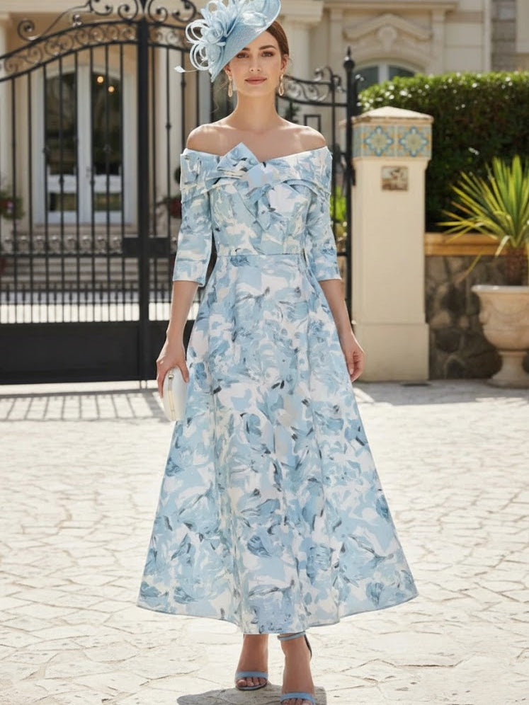 Robe mère de la mariée ligne A, satin imprimé manches tombantes, sans manches, longueur cheville, imprimé floral