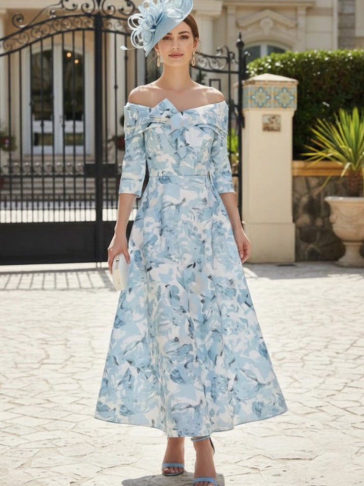 Robe mère de la mariée ligne A, satin imprimé manches tombantes, sans manches, longueur cheville, imprimé floral