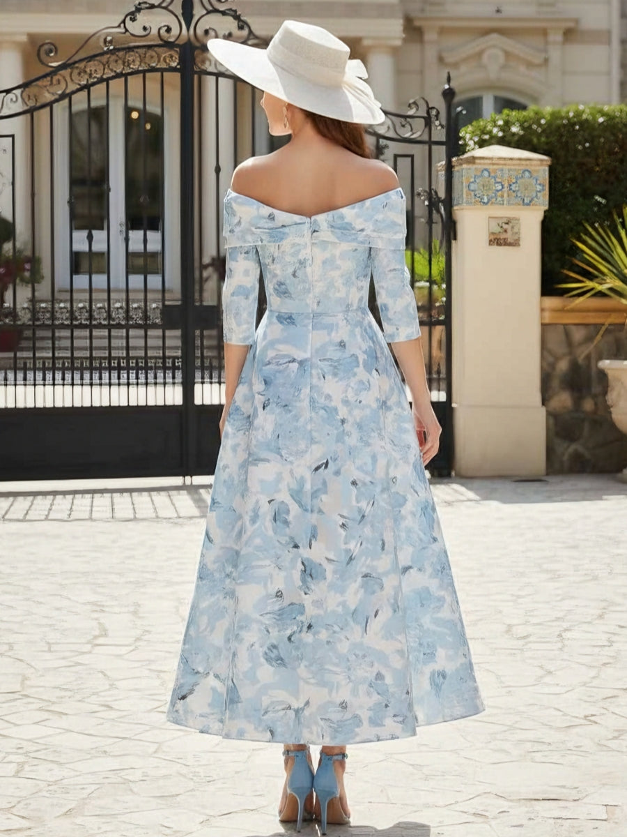 Robe mère de la mariée ligne A, satin imprimé manches tombantes, sans manches, longueur cheville, imprimé floral