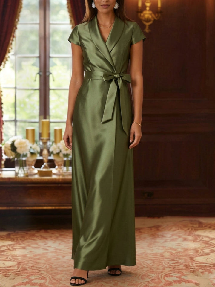 Robe mère de la mariée fourreau, satin soie col chemisier, manches courtes, longueur cheville, ceinture