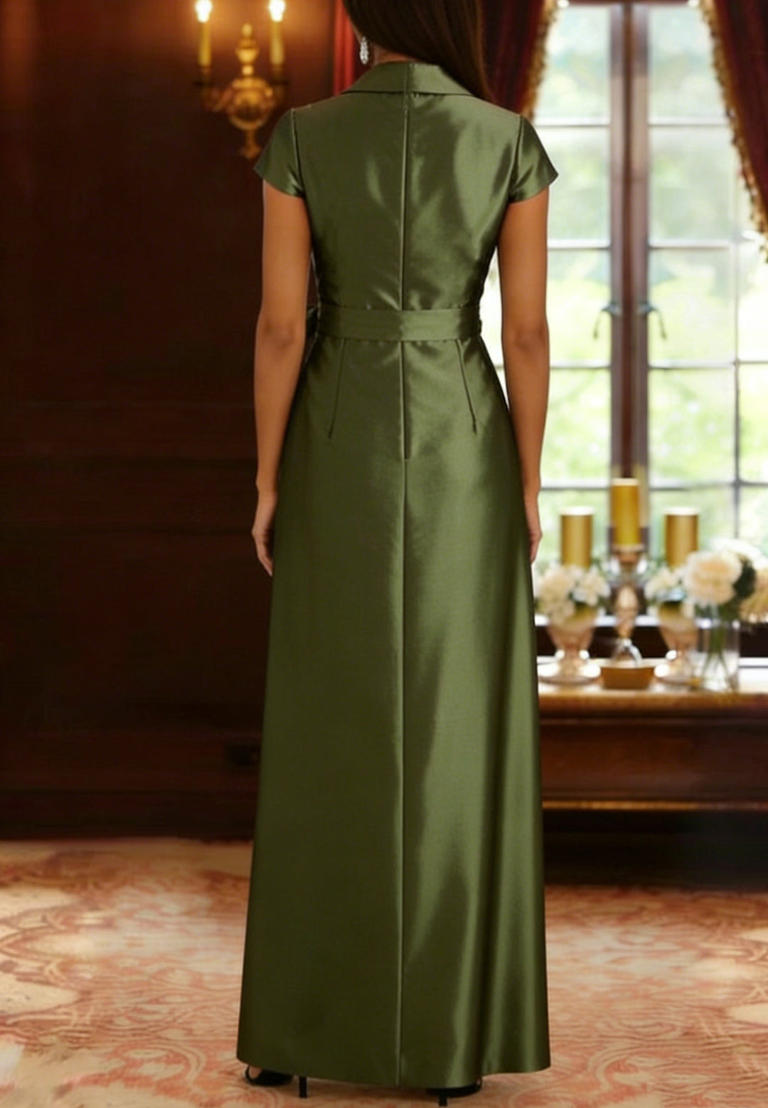 Robe mère de la mariée fourreau, satin soie col chemisier, manches courtes, longueur cheville, ceinture