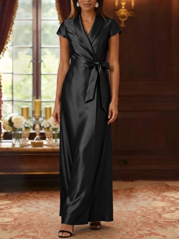 Robe mère de la mariée fourreau, satin soie col chemisier, manches courtes, longueur cheville, ceinture