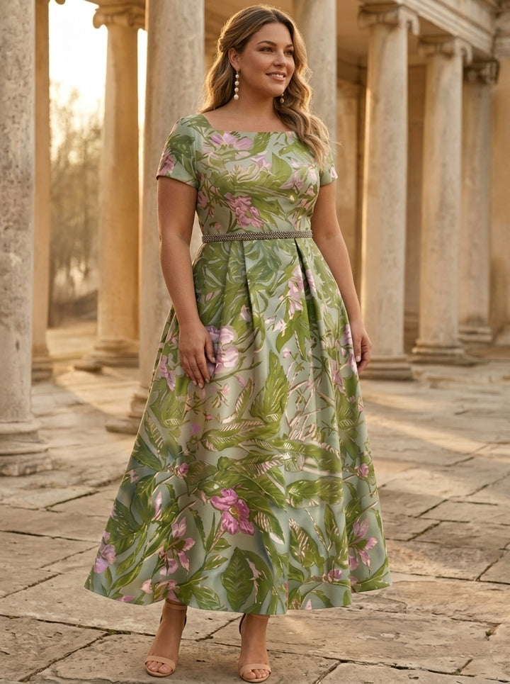 Robe mère de la mariée, Taille Plus, Ligne A/Princesse, Col Carré, Satin, Manches Courtes, Longueur de la Cheville