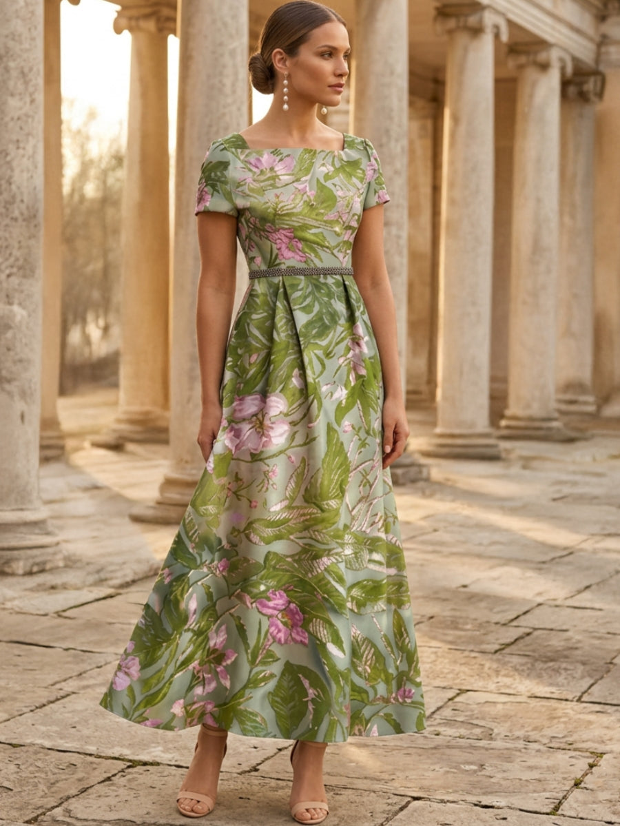 Robe mère de la mariée ligne A, satin col carré, imprimé floral, manches courtes, longueur cheville