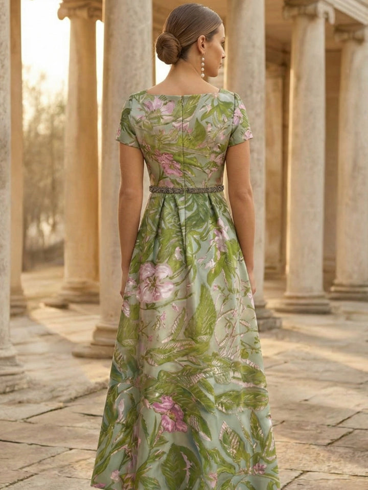 Robe mère de la mariée ligne A, satin col carré, imprimé floral, manches courtes, longueur cheville