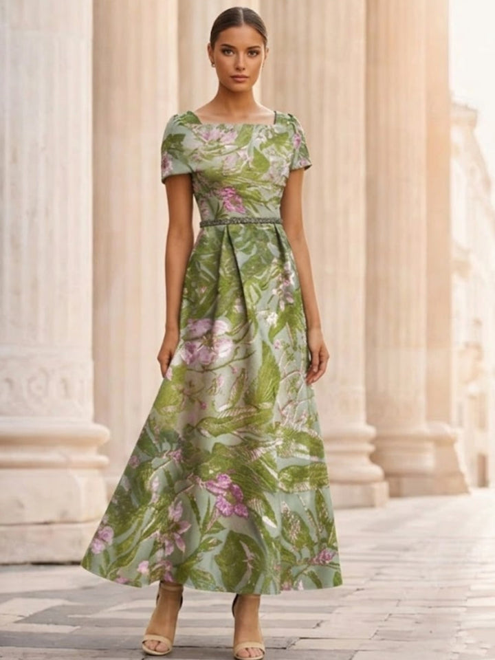 Robe mère de la mariée ligne A, satin col carré, imprimé floral, manches courtes, longueur cheville
